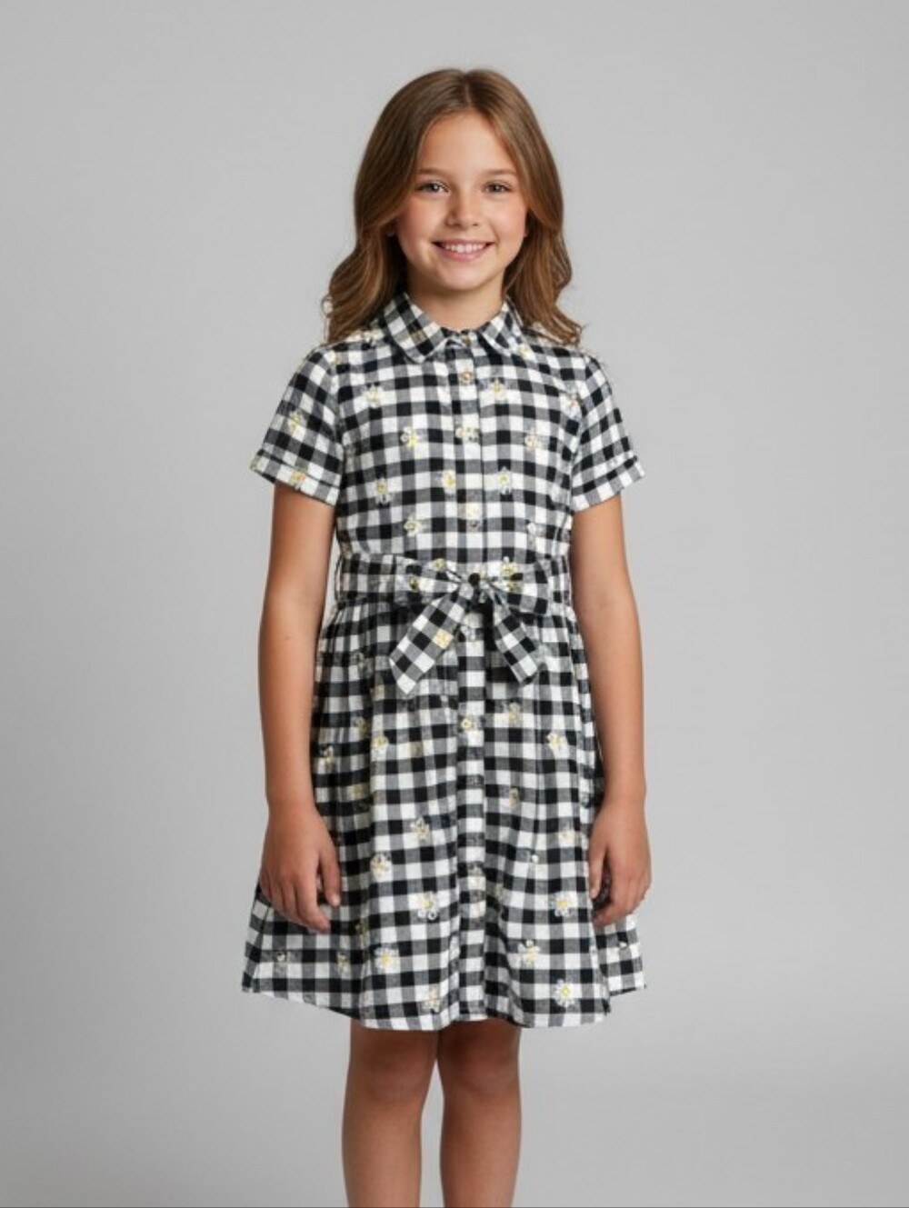 Isaac Mizrahi Black and White Gingham Dress with Yellow Daisy Accents
